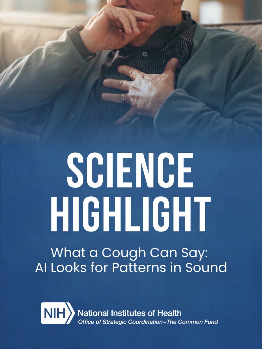 A person sitting on a couch with a hand on their chest, appearing to cough. The text reads: "Science Highlight: What a Cough Can Say: AI Looks for Patterns in Sound." The logo for the National Institutes of Health is visible at the bottom.