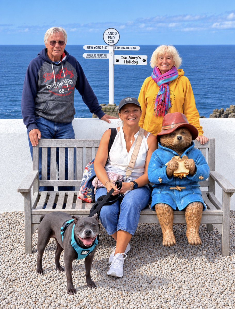 IsaMary2021's tweet photo. Today we have travelled to the end of the world, and look who we bumped in to!! 🐾🐾❤️
#IsaMary #LandsEnd #PaddingtonBear @IsasNanny https://t.co/kLQE7KvwPQ