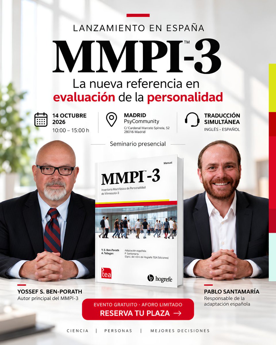 TEAEdiciones's tweet photo. 🚨 El MMPI-3 llega a España este octubre.

El 14 de octubre presentamos la nueva versión en Madrid con Yossef S. Ben-Porath y Pablo Santamaría.

🎓 Seminario presencial gratuito en Madrid

👉 https://t.co/LDIcMjj3p8

#MMPI3 #EvaluaciónPsicológica https://t.co/I62bH9pQ4m
