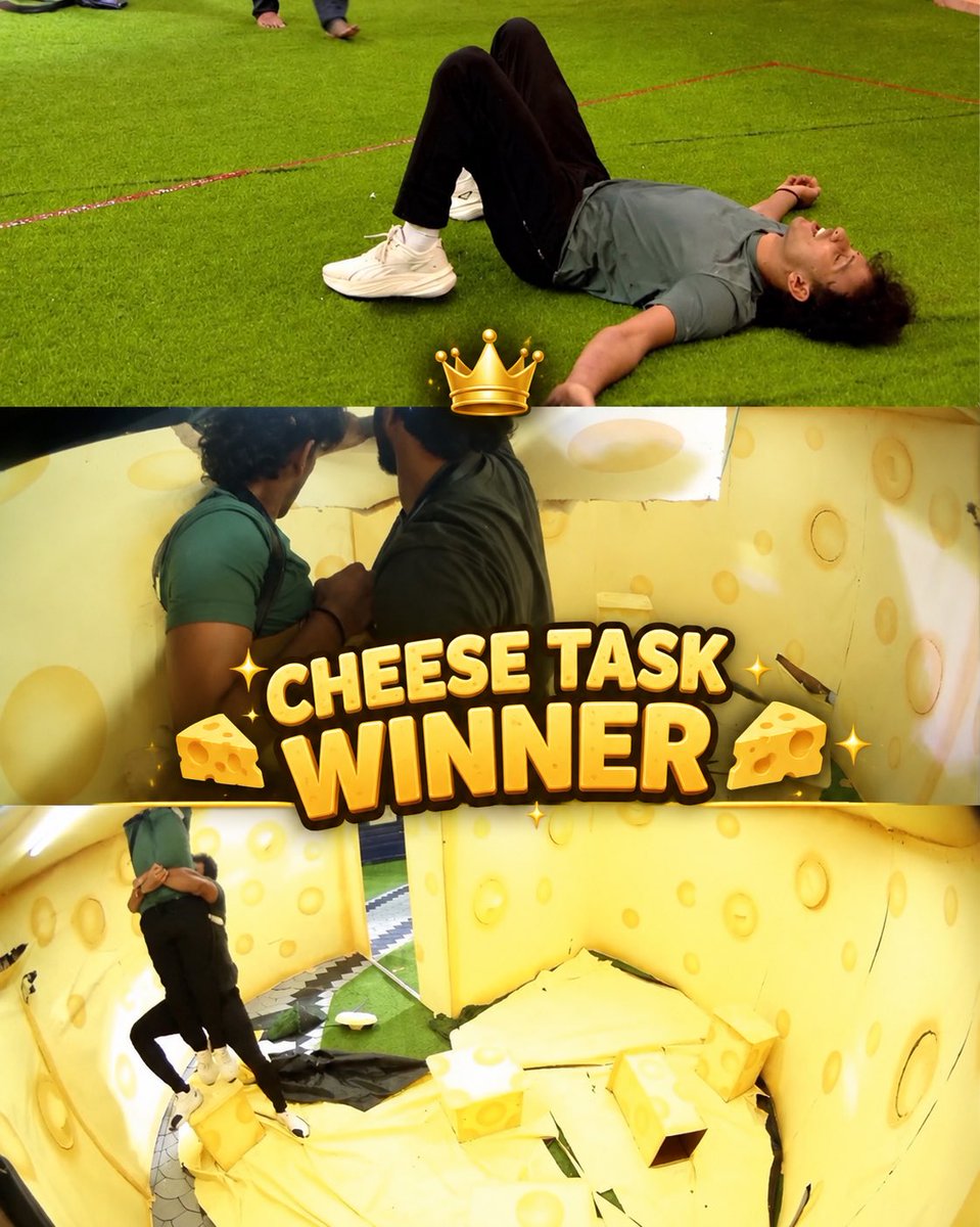 Socialswirl97's tweet photo. Week - 2 [Day 10]
CHEESE TASK 🎯

Congratulations #Prithiv for winning the “Nomination Free Pass” for next week. 👑🕺🔥

#BiggBossTamil #BiggBossTamil10 #BiggBoss10Tamil #BiggBoss10 #BiggBossTamilSeason10 #BiggBoss #Trending https://t.co/8B2L5IONoF