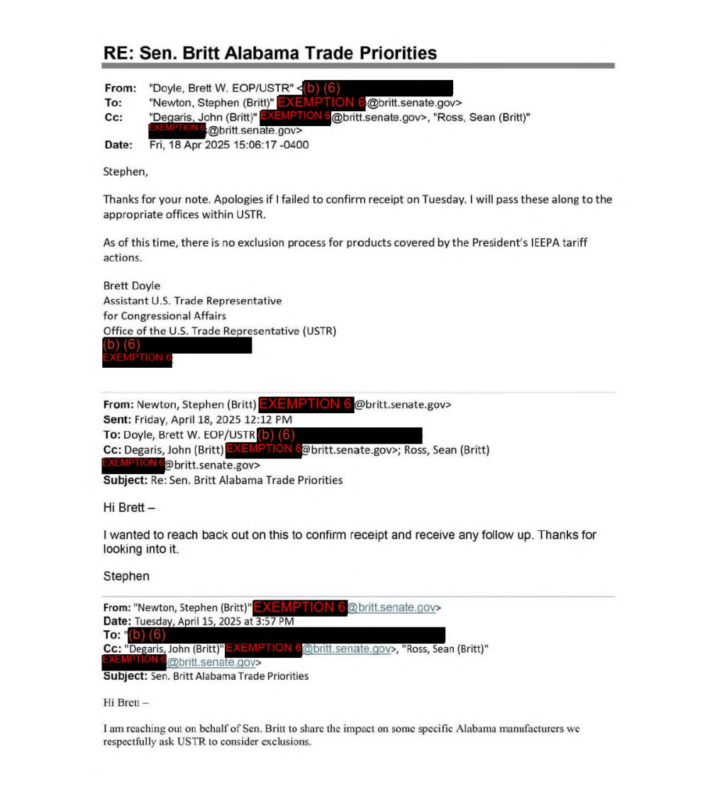 kenvogel's tweet photo. While @SenKatieBritt was publicly defending Trump's tariffs, she was privately seeking exemptions for 4 companies operating in Alabama that could be hurt by tariffs, according to emails between her staff &amp; @USTradeRep, obtained via FOIA by @WSJopinion. https://t.co/yQiETCUVAg https://t.co/CbPjiE9q2o
