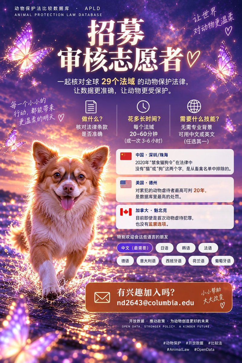 Aincident_watch's tweet photo. Volunteers needed for the Animal Protection Law Database 🐾

Animal protection proposals in China have now entered formal legislative channels. In 2025, proposals for a Companion Animal Protection and Management Law were formally reviewed by a National People’s Congress committee.

That makes reliable comparative data increasingly important. Legislators, journalists, investigators and advocates need to know what other jurisdictions actually protect, prohibit and penalize, with sources they can cite.

We’re comparing animal protection laws across 29 jurisdictions and need volunteers to help verify and annotate the data against original legal sources before publication.

No legal or technical background required. Most jurisdictions take about 20–60 minutes.

English and Chinese reviewers welcome. Readers of Japanese, Korean, French, German, Italian, Spanish, Dutch or Portuguese are especially helpful.

Contributors can be credited or remain anonymous.

Interested? DM or email! 

Can’t volunteer? A repost may reach someone who can.