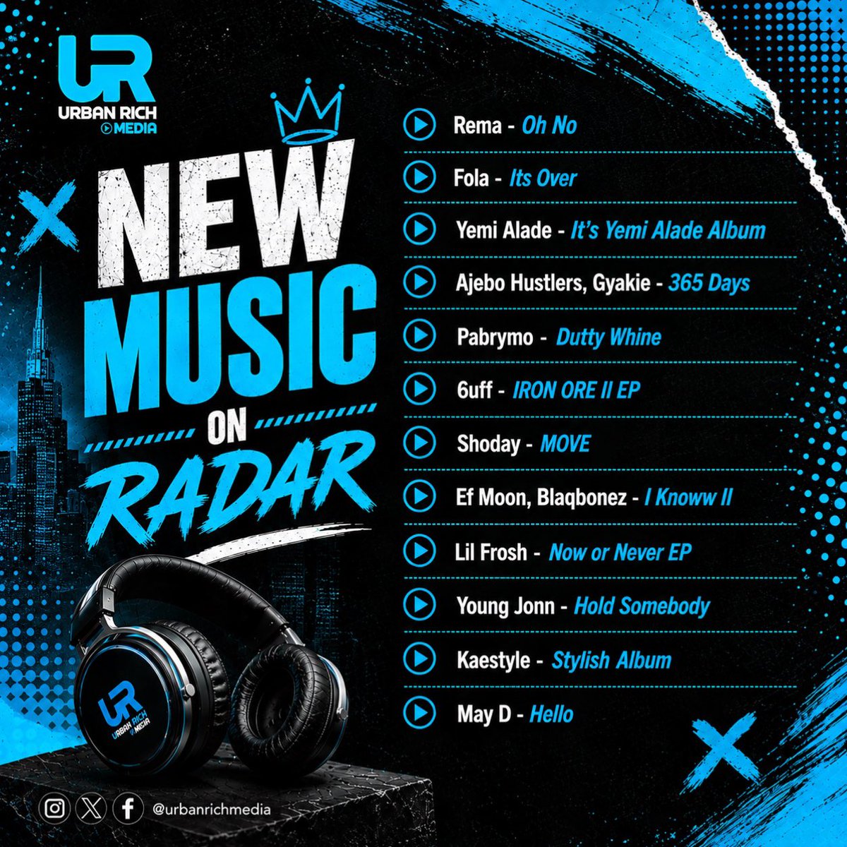 urbanrichmedia's tweet photo. New Music On Radar

Rema - Oh No 
Fola - Its Over 
Yemi Alade - It’s Yemi Alade Album 
Ajebo Hustlers, Gyakie - 365 Days
Pabrymo - Dutty Whine
6uff - IRON ORE II EP
Shoday - MOVE
Ef Moon, Blaqbonez - I Knoww II
Lil Frosh - Now or Never EP
Young Jonn - Hold Somebody
#newmusic https://t.co/rUdElzPvS3
