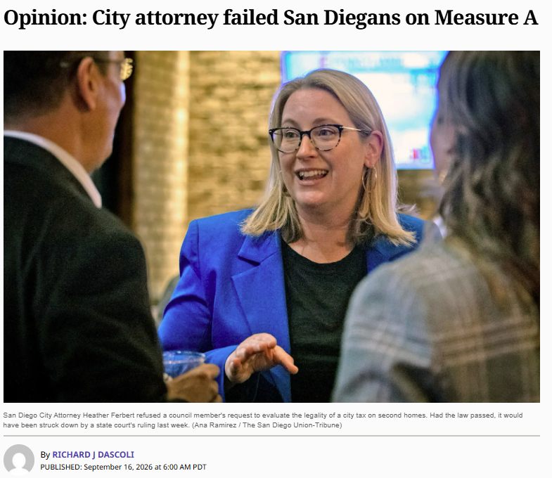 sdcta's tweet photo. #SanDiego voters saved the city a few $ million by rejecting Measure A, the deeply flawed 'Empty Homes' tax.

"Had Measure A passed, the city would be in court right now defending an ordinance nearly identical to one a published appellate decision just invalidated. The revenue would be frozen for years. The legal bills would have started immediately."

https://t.co/p00jd37RT3