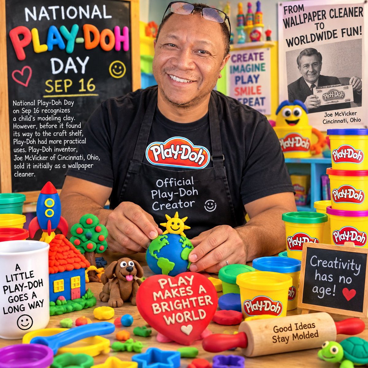 TimothyTalley17's tweet photo. NATIONAL PLAY-DOH DAY
National Play-Doh Day on Sep 16 recognizes a child's modeling clay. However, before it found its way to the craft shelf, Play-Doh had more practical uses. Play-Doh inventor, Joe McVicker of Cincinnati, Ohio, sold it initially as a wallpaper cleaner. https://t.co/Hl4fsnk5uw