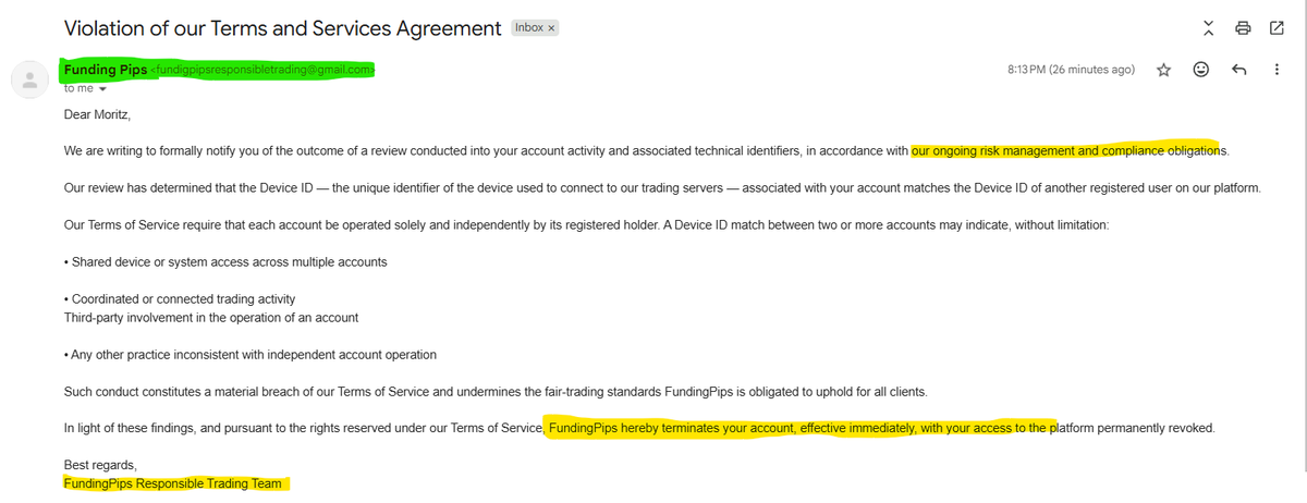 ishaansaini22's tweet photo. 🚨 SCAM EXPOSED 🚨

Sit down and give it a read.

Some low-life SCAMMER emailed me, impersonating themselves as the @fundingpips RISK TEAM, and told me that my account was TERMINATED because I had SHARED it with someone else.

I knew I had never done anything wrong, and FundingPips is not a company that bans traders who did nothing wrong - unlike some other prop firms.

As you guys know, I’m going through a tough phase in my life, managing my grandma’s medical bills and being the sole earner in my family.

I immediately messaged @avikkfp bhaiya, and within 5 minutes, he personally looked into the matter and helped me.

Be aware, guys. 'Don’t share your email publicly online. In my case, I might have shared my email on my Discord, and this low-life scammer got hold of it and sent me this fake email.'

Again, a big thanks to @fundingpips and @avikkfp for helping me 🫶

With FundingPips, if you’re legit, you never have to worry. ❤️