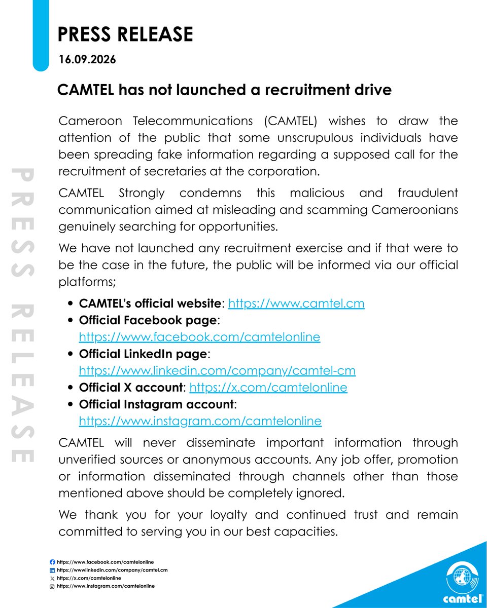 Camtelonline's tweet photo. ⚠️Alerte à l'arnaque au recrutement
---------------------
⚠️CAMTEL has not launched a recruitment drive
#CAMTEL #Communique https://t.co/jpEf9kuiD9