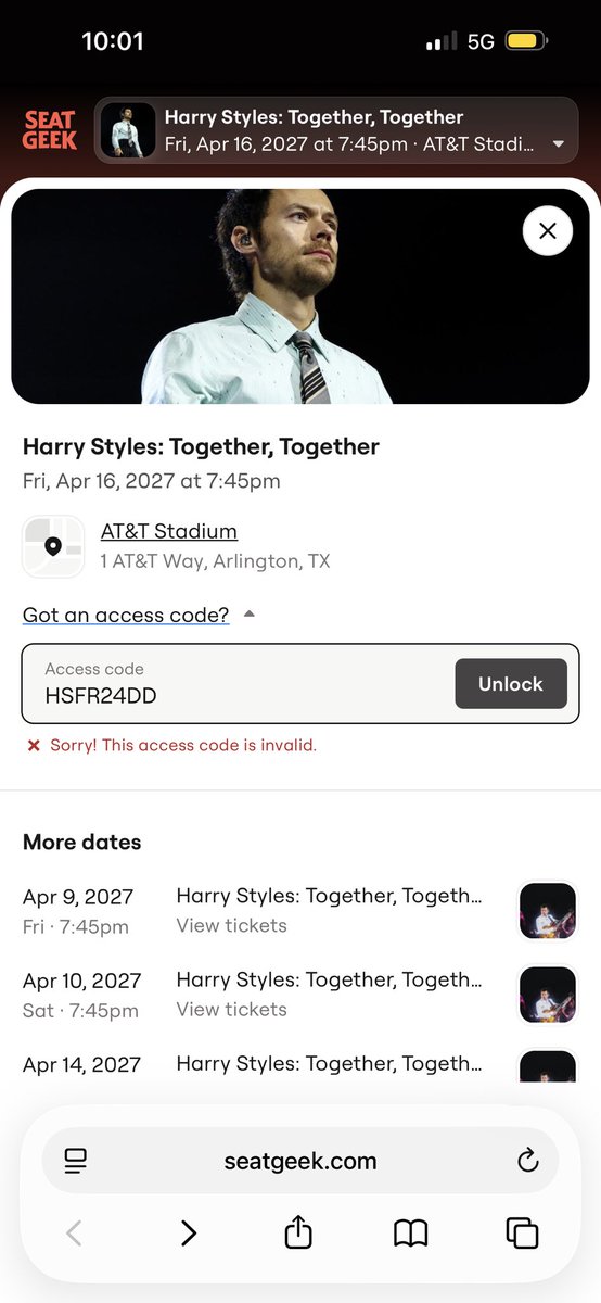 1D_21Tex's tweet photo. I’m let in but now I need a damn code for public sale? That’s so fucking dumb https://t.co/SVRxZWkdiI