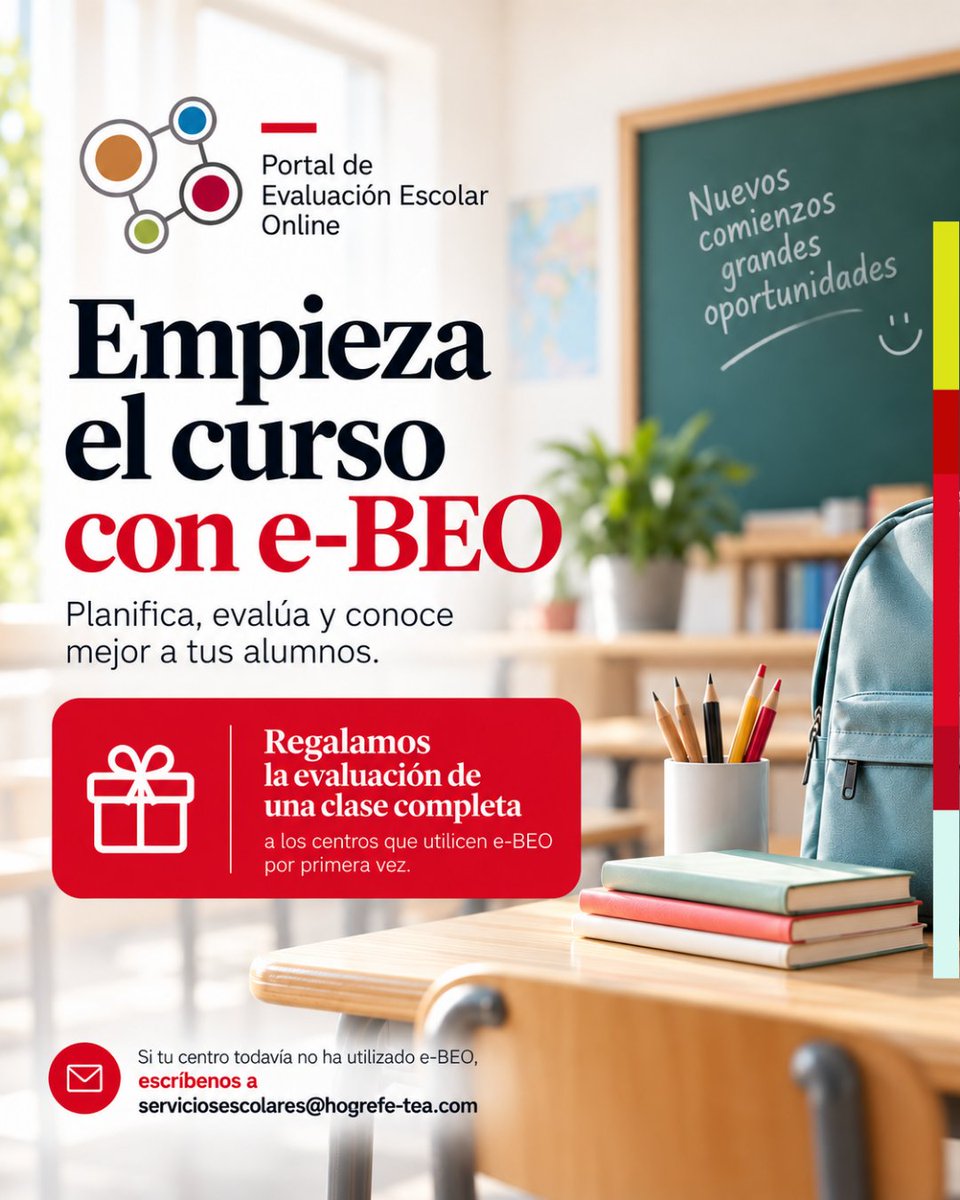 TEAEdiciones's tweet photo. 📚 Una clase. Una evaluación. Una primera experiencia con e-BEO.

Este septiembre regalamos la evaluación completa de una clase a los centros que prueben e-BEO por primera vez.

👉 serviciosescolares@hogrefe-tea.com

#eBEO #OrientaciónEducativa #PsicologíaEducativa https://t.co/8pAONjZCJO