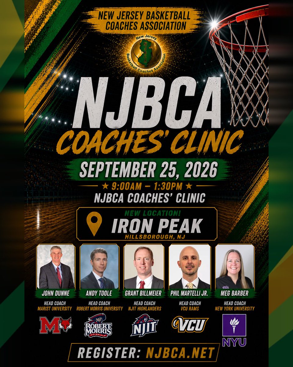 NJBCA_Official's tweet photo. NJBCA COACHES’ CLINIC IS COMING! 🔥🏀

New Jersey basketball coaches, this one is for YOU!  Get ready for a great day of learning, networking, and gaining valuable insight from an incredible lineup of college coaches.

📅 September 25, 2026
⏰ 9:00 AM – 1:30 PM
📍 Iron Peak — Hillsborough, NJ
🎤 Featuring: John Dunne • Grant Billmeier • Andy Toole • Phil Martelli Jr. • Meg Barber

From game strategy and coaching insight to connecting with fellow coaches, you won’t want to miss this year’s clinic! 

🎟️ Register now at https://t.co/8C8fd7omf3!

🚨 DAY-OF WALK-UPS: We will accept walk-ups on the day of the clinic, but payment will ONLY be accepted by cash, check, or Venmo.