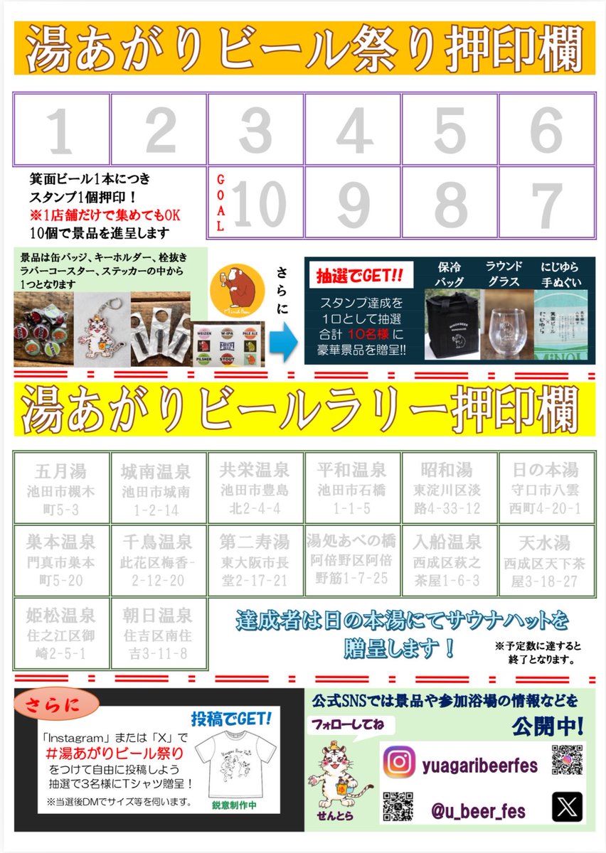 u_beer_fes's tweet photo. 今回の #湯あがりビール祭り　
のスタンプ欄だよ！箕面ビール1本購入につきスタンプ1個✨
今回は
①湯あがりビール祭り押印欄
②湯あがりビールラリー押印欄
③投稿でGET
の3種の景品GETの機会があって、更に
④スタンプ達成者の中から豪華景品抽選
まであるんだ！
自分でできそうなコースを選んでね🐯 https://t.co/sarGeYNclo