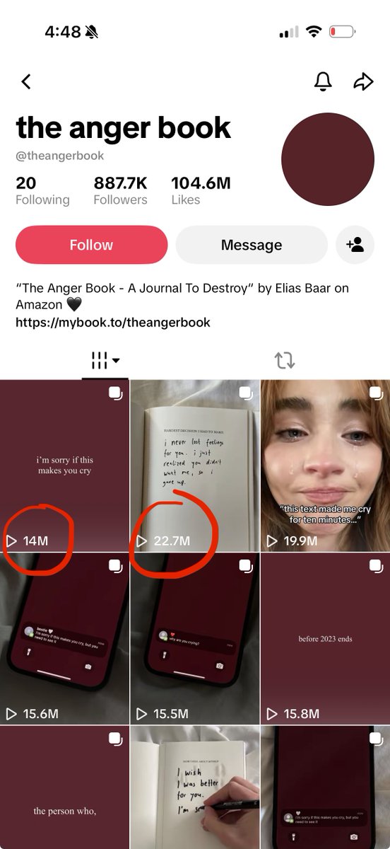 _mattwelter's tweet photo. 155M+ views and 104.6M likes

"The Anger Book" amazon journal pushing slideshows in the mental health niche

their formula:
1. emotional quote overlay as hook
2. product named on slide 2
3. journal interior page previews
4. caption links to amazon https://t.co/hGHeK6HYWU