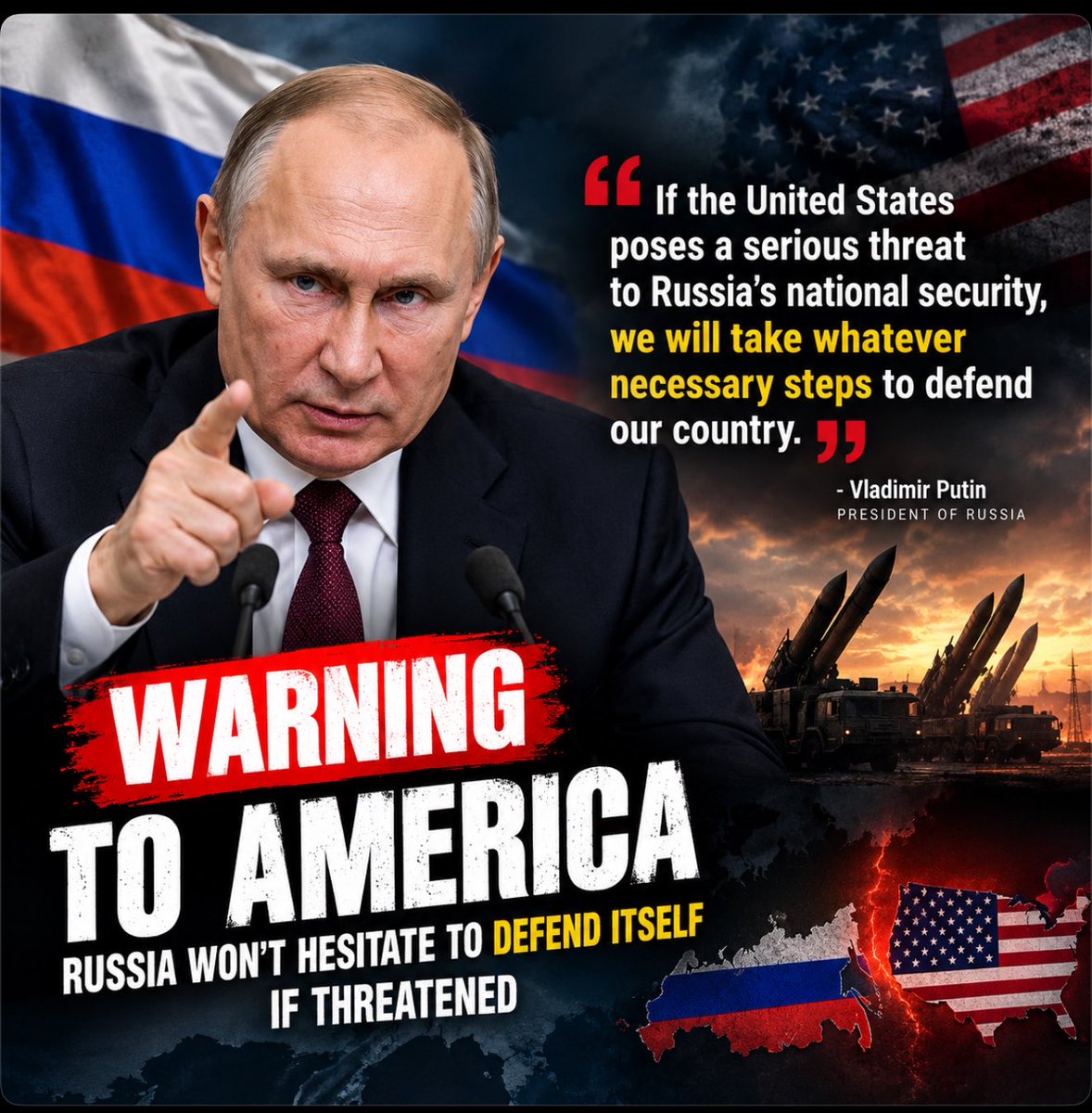 RussianSpoof's tweet photo. 🚨 BREAKING RUSSIA MESSAGE TO THE UNITED STATES

Journalist - President Putin, could Russia attack the United States in the future ?

President Putin - Yes. If Russia’s national security ever faces a serious threat from the United States, Russia will take whatever necessary steps to defend its country.

Journalist - So Russia would not hesitate to challenge a major power like the United States ?

President Putin - Russia will not compromise its security out of fear of any country. Our first responsibility is to protect our people and our sovereignty.

Journalist - Does Russia consider the United States a potential threat ?

President Putin - We do not seek confrontation. But if Russia is challenged, we reserve the right to respond to protect our national security.