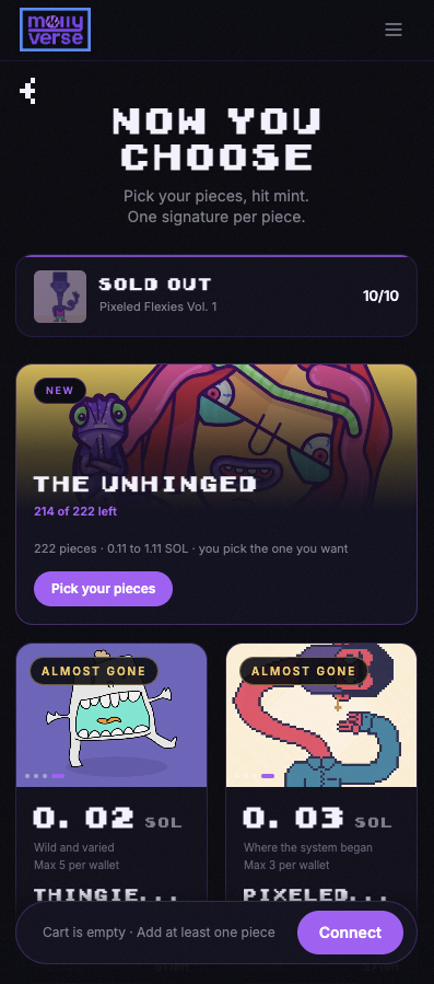 elmollyverso's tweet photo. Quiet superpower of the Mollyverse: One cart.
An Unhinged citizen + a Thingies monster + a Pixeled Flexy = One checkout, all yours.

Five worlds. One universe. https://t.co/br19IxmpjY