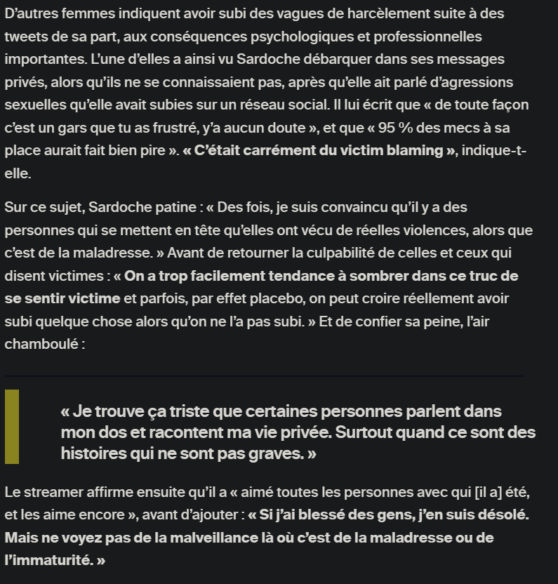 Snake_Reformed's tweet photo. De nouveaux témoignages accusent Sardoche de violences psychologiques et sexistes. Il aurait notamment tendance à chercher des femmes en situation de vulnérabilité afin d’exercer une domination sur elles, là où il évoque de la maladresse et de l’immaturité.

Portrait à lire👇 https://t.co/yGUeT1XcVS