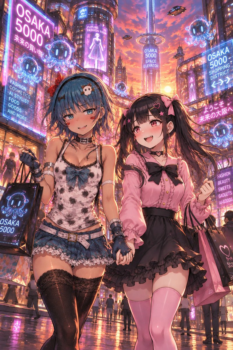 Soranohal's tweet photo. 西暦5000年の大阪にタイムスリップ！
木冬有沙ちゃんと未来のお��い物満喫中だよ♪✨

ねぇ、後ろで荷物持ちしてるキミ…
私たちの可愛さに見惚れて手が止まってるよ？

ほーら、現代に帰るまでしっかり
あけびに尽くしなさいよね♡
#AIイラスト好きさんと繋がりたい #AIイラスト https://t.co/hA35NNhw9T