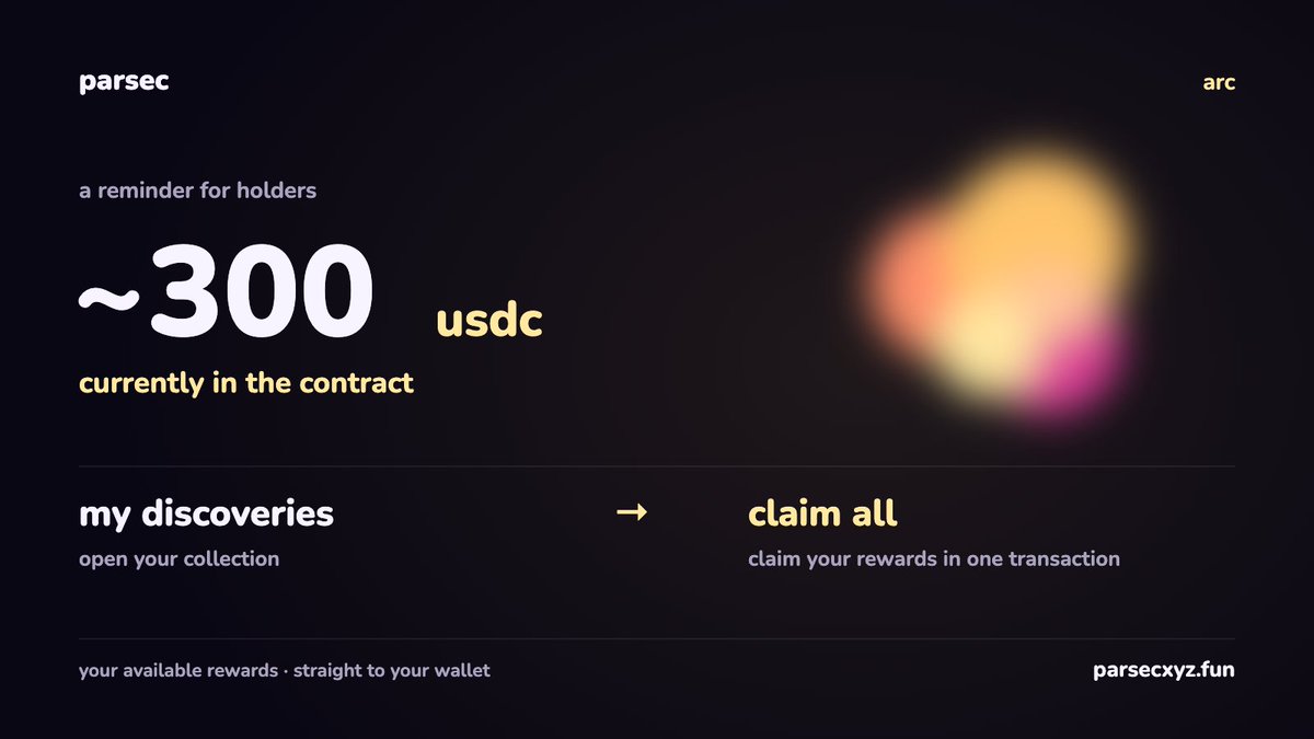 parsecxyz's tweet photo. a little reminder, explorers

around 300 USDC currently sits in the contract

holding a parsec?
my discoveries → claim all

your available rewards, straight to your wallet

https://t.co/lkrxUtb33p https://t.co/CT5DLesmAP