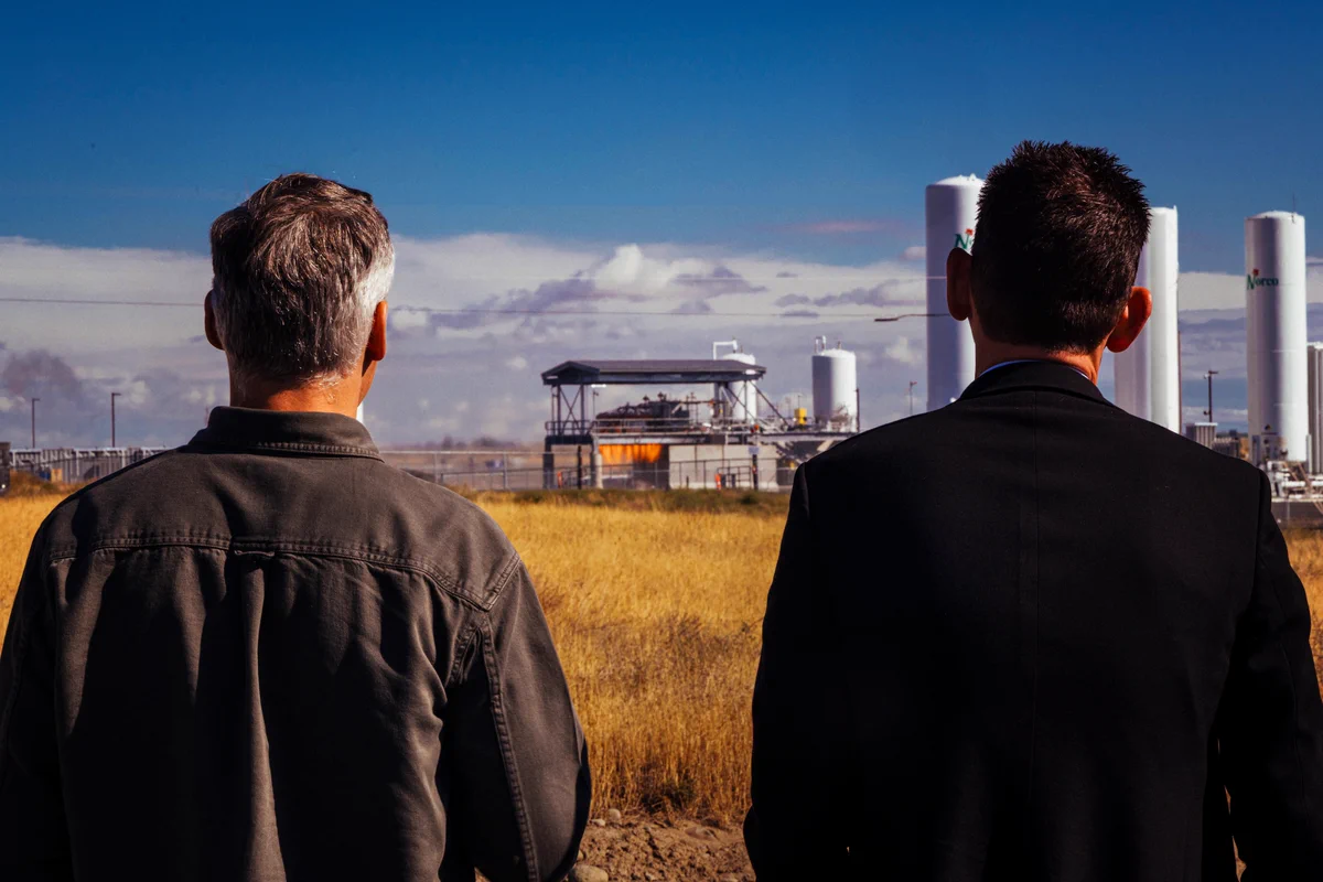 NASA Administrator Jared Isaacman and Stoke Space CEO Andy Lapsa viewing an Andromeda hotfire test. 