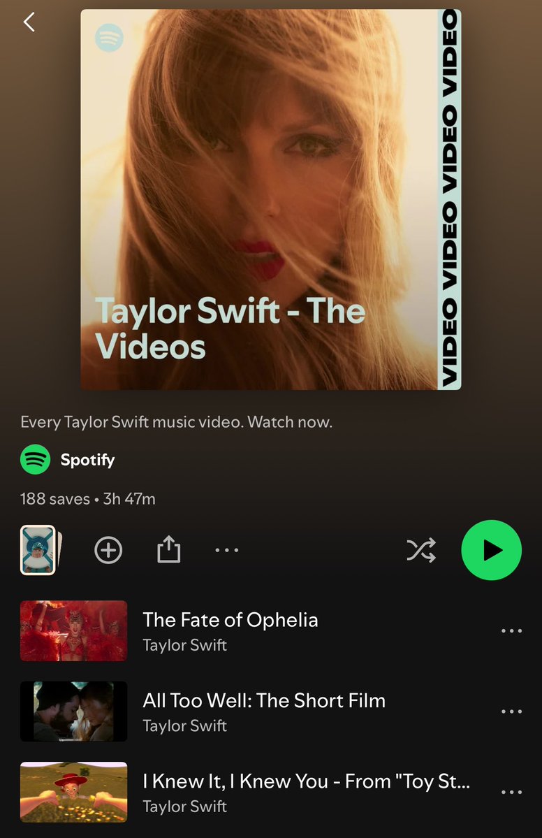 LaPuercaylor's tweet photo. Taylor Swift compartió la playlist de Spotify con todos sus videos musicales 👀 https://t.co/pCqlOjQfbd