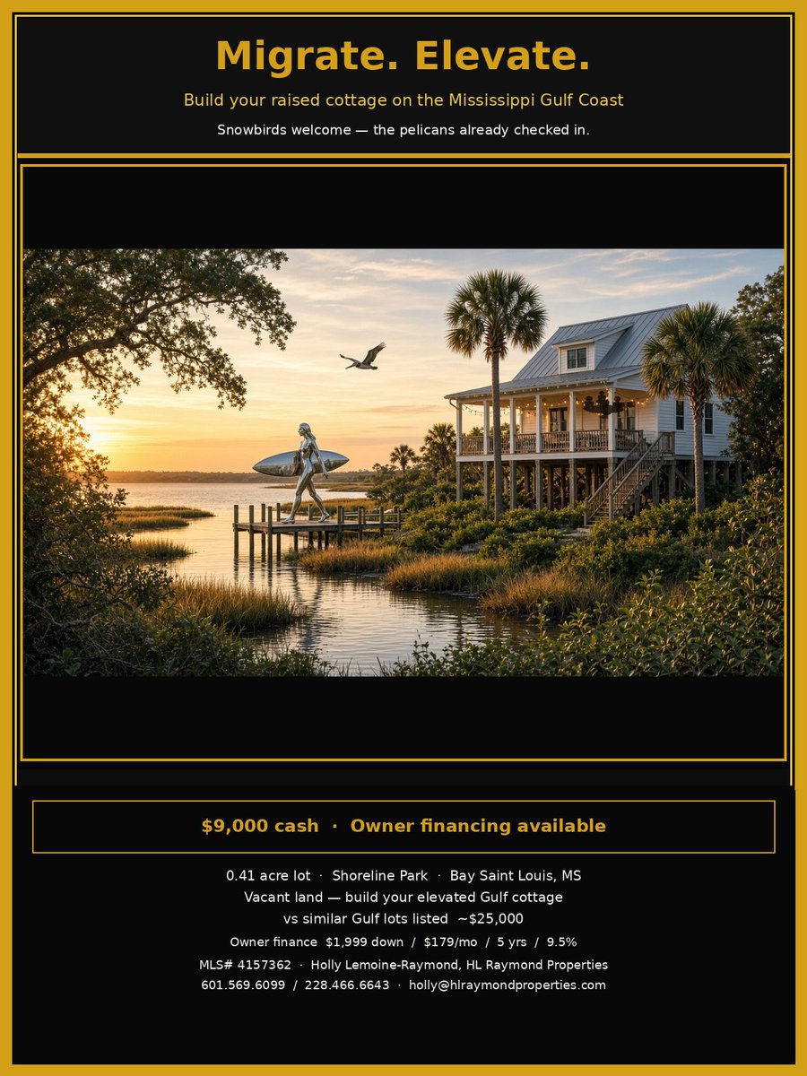 charterpointpdx's tweet photo. Migrate. Elevate.
0.41 acre · Shoreline Park · Bay Saint Louis, MS
$9,000 cash · owner finance $1,999 down / $179/mo / 5 yrs / 9.5%
Holly Lemoine-Raymond · 601.569.6099 / 228.466.6643
MLS 4157362 · holly@hlraymondproperties.com
https://t.co/pc2VgOiThY https://t.co/qE056OKcce