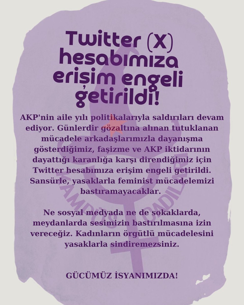 kampuscadilari's tweet photo. Twitter (X) hesabımız erişime engellendi!

Mücadelemizi yasaklarla, sansürle bastıramayacaklar. Dayanışmayı, mücadeleyi büyütmek için yeni hesabımızı takip edebilirsiniz. https://t.co/BXkLNG69Me