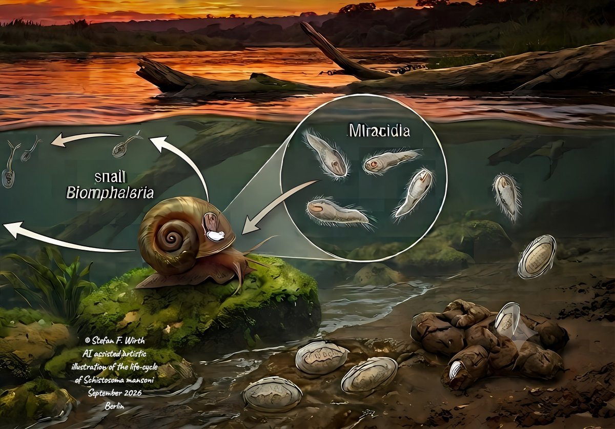 wirthstef's tweet photo. The #Schistosomatoidea are a well-known group of #parasites that infect not only #humans but also a vast array of definitive #hosts across a wide range of animal groups.
Knowledge of the Schistosomatoidea (#Trematoda) dates back to the German physician and naturalist #Theodor Maximilian #Bilharz (1825–1862), who first elucidated the life cycle of the species now known as Schistosoma haematobium, a species initially described as #Bilharzia haematobium in his honor by the anatomist #Heinrich #Meckel (1821–1856).
According to E. S. Loker et al. (2026), the Schistosomatoidea currently comprise 95 genera characterized by remarkable #ecological and #morphological #diversity; this diversity is impressive not only regarding the multitude of definitive and intermediate hosts from diverse animal groups but also concerning egg morphology and the development and morphological variety of the #larvae.
The range of known definitive hosts for Schistosomatoidea species encompasses almost all major #vertebrategroups. They parasitize #cartilaginousfish, #turtles, #crocodiles, #birds, and, of course, #mammals. It is also worth noting that, based on evolutionary-phylogenetic grounds, the existence of reptilian and avian hosts suggests that Schistosomatoidea must have also been prevalent among #dinosaurs.
In their work, the aforementioned authors also discuss in detail the current state of knowledge regarding the #phylogenetic position of the Schistosomatoidea within the Trematoda. They point out that #polyopisthocotylean #monogeneans have only recently been identified as the #sistergroup to the Trematoda. The Schistosomatoidea have retained a number of traits from the last common ancestor of Trematoda and polyopisthocotylean monogeneans; consequently, the authors hypothesize that they must branch off at a basal position within the #Digenea phylogenetic tree. These traits include, for instance, their #twohosts #lifecycles and broad #hostranges.
The aforementioned high diversity of #intermediatehosts among the Schistosomatoidea is striking and unique within the Digenea. Researchers anticipate further surprising discoveries regarding this ecologically diverse group of parasites in the future, as #biodiversity research becomes increasingly efficient. In my view, #climateresearch, driven by the context of anthropogenic #globalwarming, plays a significant role in this development.
© #StefanFWirth, September 2026, Berlin
Please support my science communication and illustration work with a small "coffee" donation; I rely on every bit of support: ko-fi, 👇link in my first answer
Reference:
E. S. Loker et al. (2026):
DOI: 10.1007/s00436-026-08752-9 👇link in my first answer
#Illustrations:
AI-assisted artistic illustration based on my hand-drawn sketches, manually edited, © Stefan F. Wirth, September 2026, Berlin
Presented is a simplified life cycle of #Schistosoma #mansoni, showing intermediate host and humans as final hosts as well as the major different infecting juvenile stages.