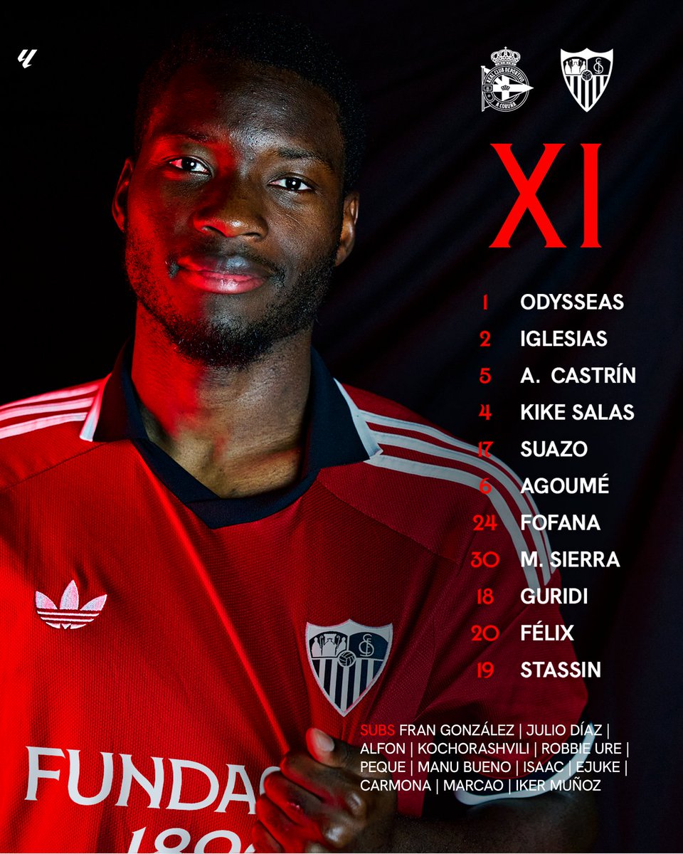 SevillaFC's tweet photo. 🚨 Nuestro XI para medirnos al @RCDeportivo  ⚪️🔴 

Odysseas; Iglesias, A. Castrín, Kike Salas, Suazo; Agoumé, Fofana; M. Sierra, Guridi, Félix; Stassin.  

#DéporSevilla | #WeAreSevilla | #NuncaTeRindas https://t.co/akJ83UB0iV