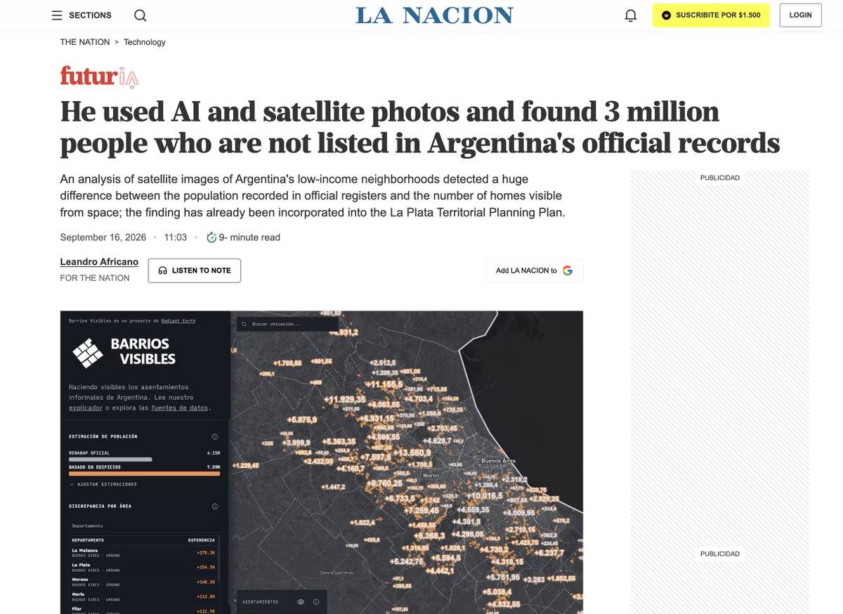 MaxLenormand's tweet photo. Well, @LANACION (one of Argentina's largest media outlets) picked up on the story of millions of people being miscounted

A major news outlet is talking about GeoParquet, @source_coop and @duckdb!

Journalists from @LANACION reached out to Nissim after seeing our video on the benefit of open cloud data and now this is in a major news outlet!
