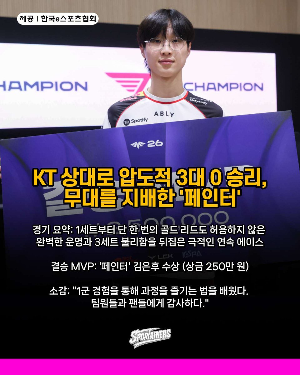 sportainers's tweet photo. 5년 만의 왕좌 탈환… 티원 이스포츠 아카데미, 2026 LCK CL 3대 0 완승

​[스포테이너즈=안봉준 객원 기자] 티원 이스포츠 아카데미(T1A)가 5년 만에 챌린저스 리그 정상을 밟으며 차세대 e스포츠 강자의 면모를 유감없이 발휘했다.

​리그 오브 레전드 공식 2군 리그인 ‘2026 LCK 챌린저스 리그(LCK CL)’가 지난 15일(화) 티원 이스포츠 아카데미의 최종 우승과 함께 막을 내렸다.

​최종 결승전에서 맞붙은 KT를 상대로 T1A는 시종일관 압도적인 경기력을 선보였다. 1세트에서는 ‘이클립스’ 김민준을 필두로 초반부터 주도권을 잡은 뒤 단 한 차례의 골드 리드도 내주지 않고 기선을 제압했다. 이어진 2세트에서도 라인전과 대규모 교전(한타)에서 우위를 점하며 매치 포인트를 달성했다. 마지막 3세트에서는 초반 열세에도 불구하고 두 차례의 연속 에이스를 띄우는 집중력을 발휘하며 세트 스코어 3대 0으로 우승을 확정 지었다.

​이날 결승 MVP의 영예는 ‘페인터’ 김은후에게 돌아갔다. 김은후는 “다사다난했던 올 시즌을 좋은 결과로 마무리해 기쁘다. 각자의 역할을 다해준 팀원들 덕분에 받을 수 있었던 상”이라며 “1군 경험을 통해 결과에 집착하기보다 경기 자체와 과정을 즐기는 마음가짐을 배웠다. 한 해 동안 함께한 팀원들과 응원해 주신 팬분들께 깊이 감사드린다”고 소감을 밝혔다. 결승 MVP에게는 상금 250만 원이 수여됐다.

​이번 우승으로 T1A는 2021년 스프링 스플릿 이후 5년 만에 LCK CL 우승컵을 들어 올렸으며, 우승 상금 4,000만 원을 획득했다.

​T1A의 강세는 시즌 결산 시상식에서도 두드러졌다. 2026년 ‘ALL CL TEAM’에는 ‘해태’ 심수현, ‘페인터’ 김은후, ‘구티’ 문정환, ‘클라우드’ 문현호(이상 T1A)와 ‘웨인’ 황서현(DK)이 선정됐다. 베스트 5자리 중 무려 4자리를 T1A가 석권한 셈이다. 또한 데뷔 2년 만에 정규 라운드 MVP를 차지한 ‘클라우드’ 문현호와 더불어, 팀을 성공적으로 이끈 ‘두티’ 최두성 감독이 CL 코치 오브 더 이어로 선정되며 겹경사를 누렸다.

​한편, 2026 LCK CL은 라이엇게임즈가 주최·주관하고 한국e스포츠협회가 총괄 운영을 맡았으며, WDG 방송 제작 및 우리은행의 후원으로 진행됐다.

​사진 제공: 한국e스포츠협회

​#LCKCL #T1A #티원이스포츠아카데미 #스포테이너즈 #SPORTAINERS
