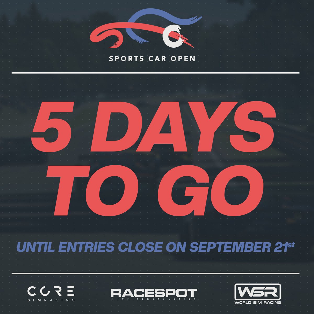SportsCarOpen's tweet photo. Just 5 more days until entries close! 🏎️ 

➡️ To enter, visit https://t.co/2yjbd9FKZH or our Discord server at https://t.co/qRAquvjWaz

#sco #sportscaropen #iracing #esports #simracing #endurance https://t.co/oi6HKVYhZN