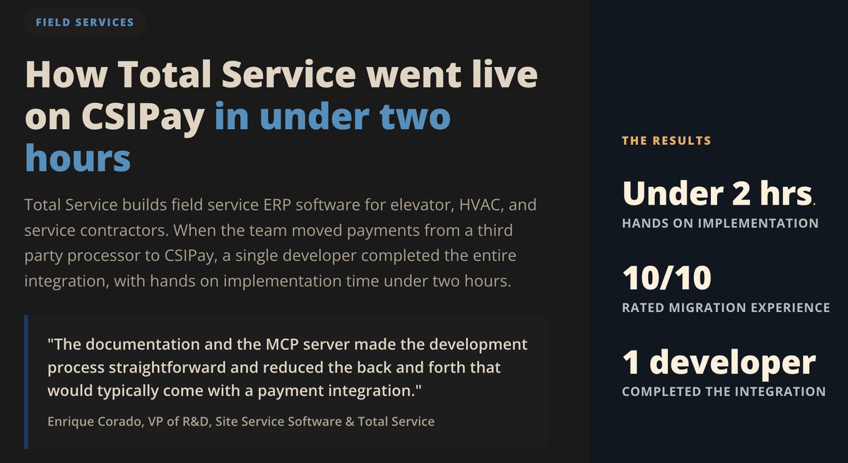 zeroxpectation's tweet photo. $CSU CSIPay, led by ex-Visa-&amp;-JPM exec, is gaining traction: 150 merchants live in July, targeting 1.5K Q3 &amp; 2.5K Q4. Total Service, a commercial floor equipment fleet ERP, recently migrated to CSIPay in under 2 hrs—w/ a 10/10 experience &amp; just 1 developer handling the migration. https://t.co/dlbxYV4WXS