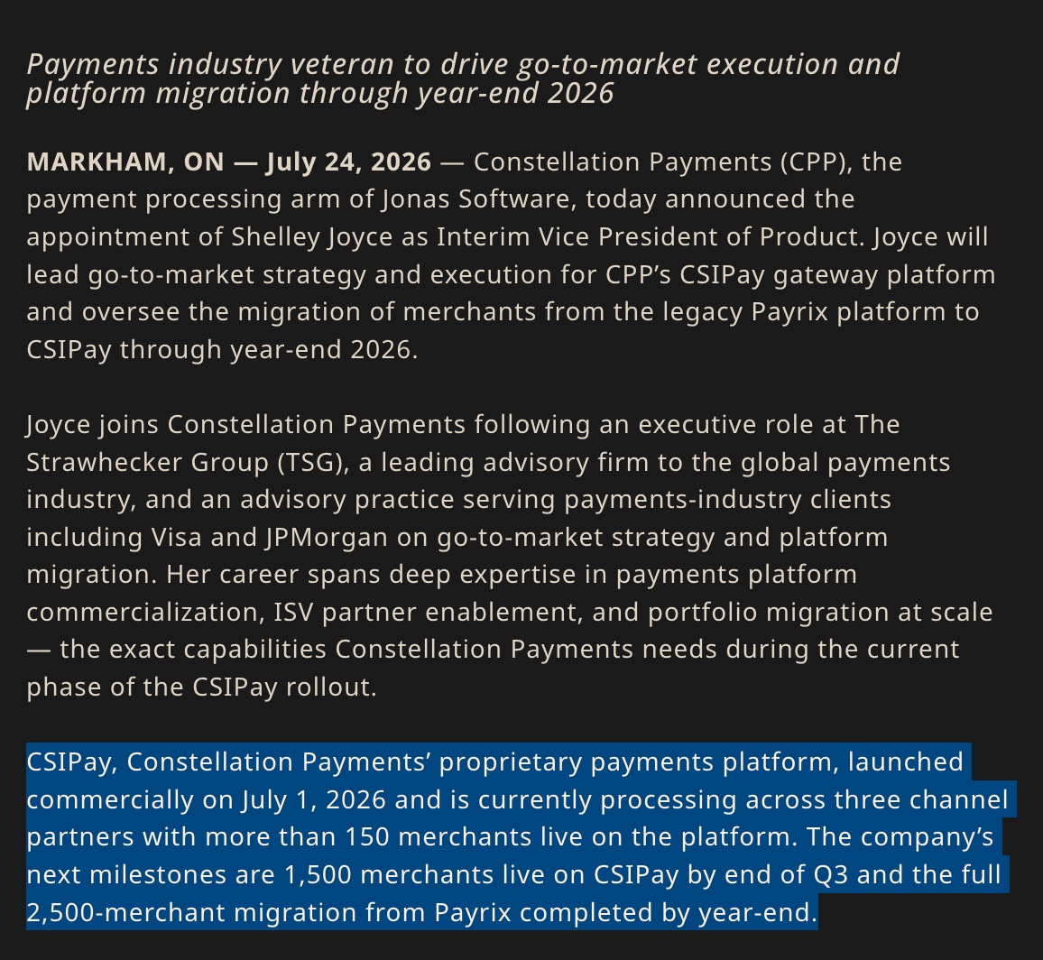 zeroxpectation's tweet photo. $CSU CSIPay, led by ex-Visa-&amp;-JPM exec, is gaining traction: 150 merchants live in July, targeting 1.5K Q3 &amp; 2.5K Q4. Total Service, a commercial floor equipment fleet ERP, recently migrated to CSIPay in under 2 hrs—w/ a 10/10 experience &amp; just 1 developer handling the migration. https://t.co/dlbxYV4WXS