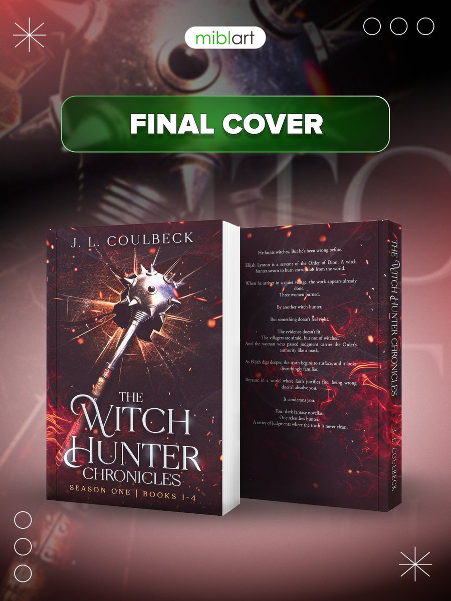 miblart's tweet photo. From maces and broken mirrors to fire, smoke, and embers — here’s how we designed The Witch Hunter Chronicles by J.L. Coulbeck. See the request and the final result. Get your own #bookcover on our website — https://t.co/uXKZFjBZnb https://t.co/cjWqNoQKeA