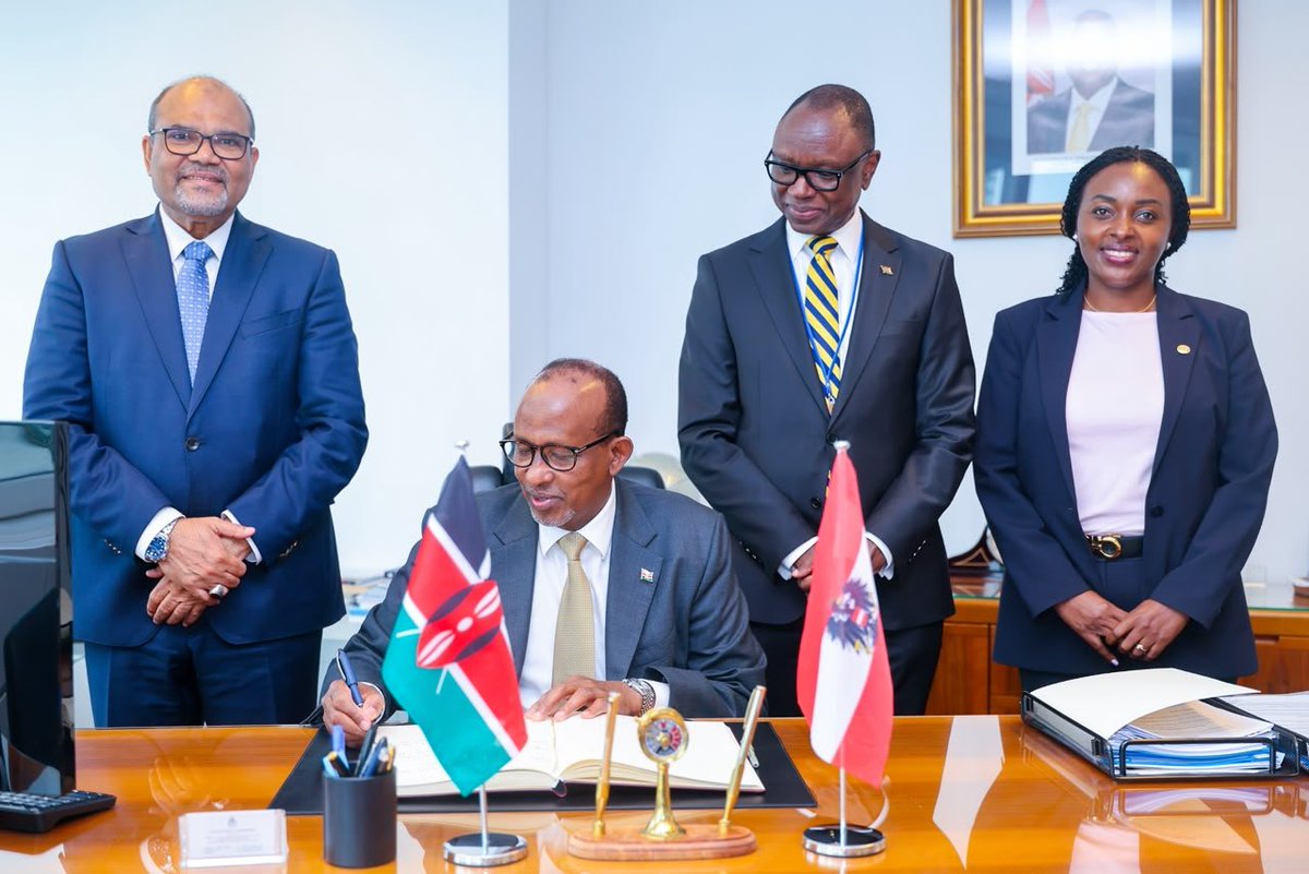 HonAdenDuale's tweet photo. Hosted by H.E. Amb. Edwin Afande, Ambassador and Permanent Representative of Kenya to the UN in Vienna, and his Deputy, Amb. Valerie Rugene, I engaged staff at the Embassy of Kenya and Permanent Mission to the UN in Vienna, Austria, on the critical role of diplomacy in advancing Kenya's health agenda.

I urged the Mission to proactively leverage its position to pursue strategic partnerships and opportunities in health, including medical research, technology transfer, specialised training and capacity building. 

I briefed the team on progress from recent bilateral and multilateral engagements, including cooperation with the US Government to strengthen health infrastructure, disease prevention and medical capacity.

I encouraged the diplomatic team to identify opportunities that support Kenya's Universal Health Coverage (UHC) goals and to effectively communicate the country's health priorities, achievements and emerging needs to international partners.