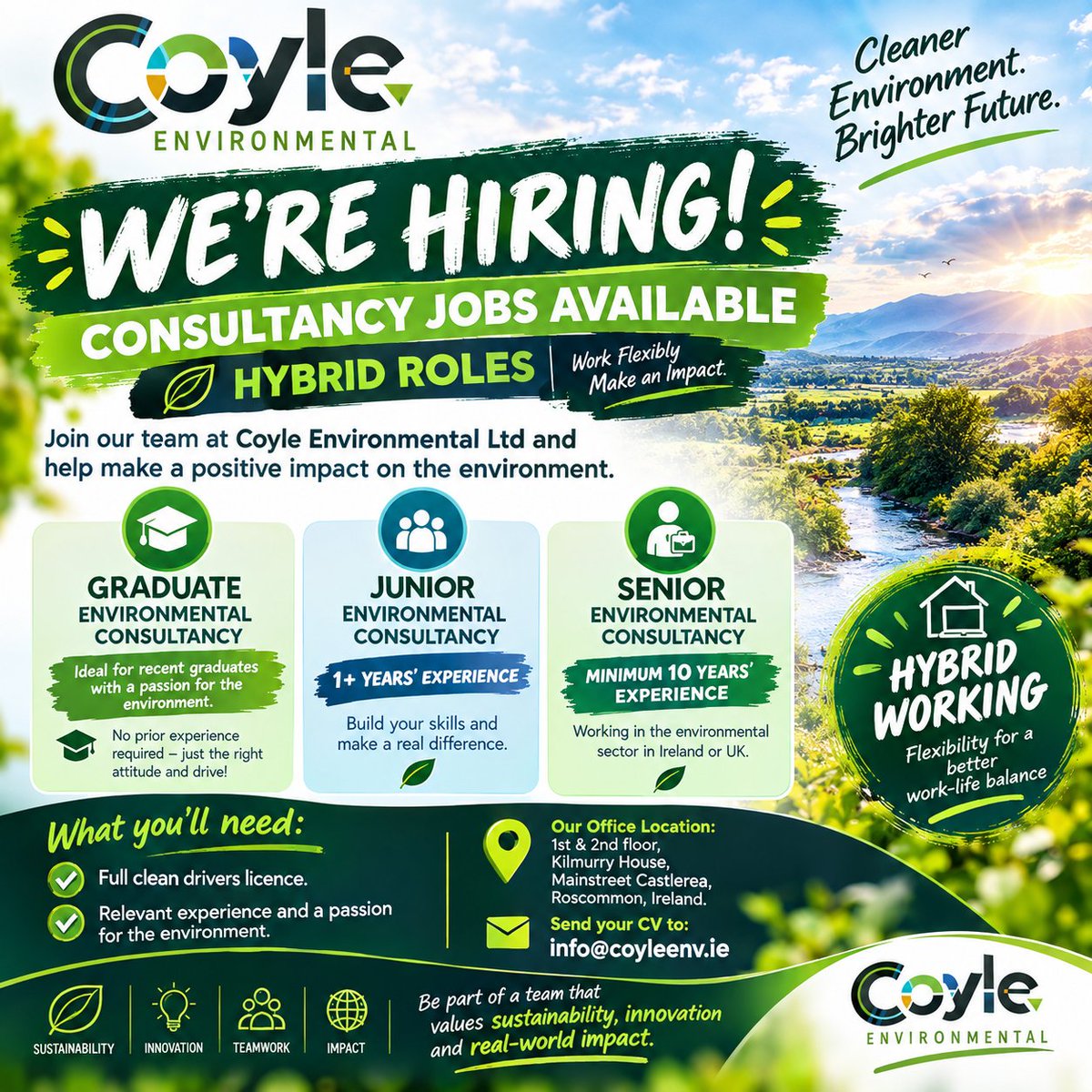 CoyleEnv's tweet photo. #graduateenvironmentalconsultant #juniorenvironmentalconsultant #seniorenvironmentalconsultant #HybridJobs #CoyleEnvironmental #CoyleEnv #NowHiring #jobsinireland #environmentaljobs #RoscommonJobs #westofirelandjobs #EnvironmentalCareers https://t.co/A13fW41VZv
