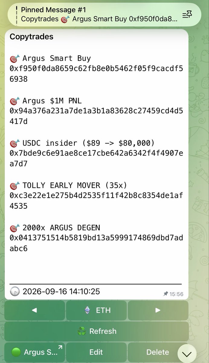 bandosei's tweet photo. Track these wallets in the Arc trenches:

1️⃣0x94a376a231a7de1a3b1a83628c27459cd4d5417d

• Bought $500 ARGUS
• 6 days before Argus first X post 
• PnL: +$910,100

2️⃣0x7bdE9c6e91Ae8cE17CbE642a6342F4f4907Ea7d7

• Bought $89 USDC
• at $2.8k mcap (100% insider)
• PnL: +$70,000

3️⃣0xf950f0da8659c62fb8e0b5462f05f9cacdf56938

• Bought $1,200 ARGUS
• 14 days before mainnet 
• PnL: +$361,100

4️⃣0xC3e22E1e275B4d2535F11f42B8c8354dE1af4535

• Bought $2,690 TOLLY
• 17 days before mainnet
• PnL: +$64,000 

5️⃣0x0413751514b5819bd13A5999174869dbD7adabC6

• Bought $272 ARGUS
• before Argus X even created 
• PnL: +$430,000

Easiest way to track them is with a TG bot like Banana:

https://t.co/B9BmDI1Aix

create/import a wallet then do the following:

Copy Trading > New Copy Trade > Paste Wallet > Label it 

Set your buy percent/buy size, activate copy sells and activate the set up (play around to figure out more details)

Should I post more lists like this? Let me know👇