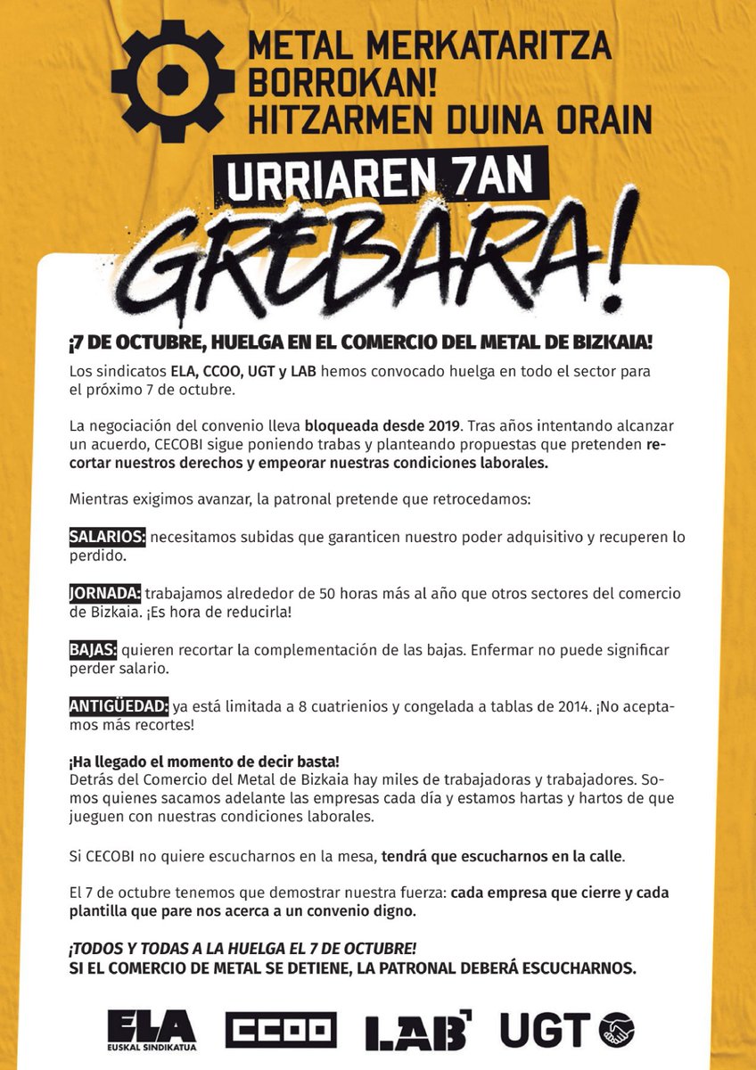 zerbitzuakccoo's tweet photo. 📢 METAL MERKATARITZA BORROKAN!

Urriaren 7an Bizkaiko Metal Merkataritza GREBARA! ✊

Hitzarmen duina lortzeko garaia da: 
📈Soldata igoera bidezkoak 
⏳Lanaldia murriztea
 🏥 lan-gaitasuna babestea 
❌Murrizketa gehiagorik ez!
CECOBIk entzun gaitzala: kalean ikusiko gara! ✊🔥 https://t.co/Q0gVYbWgLG