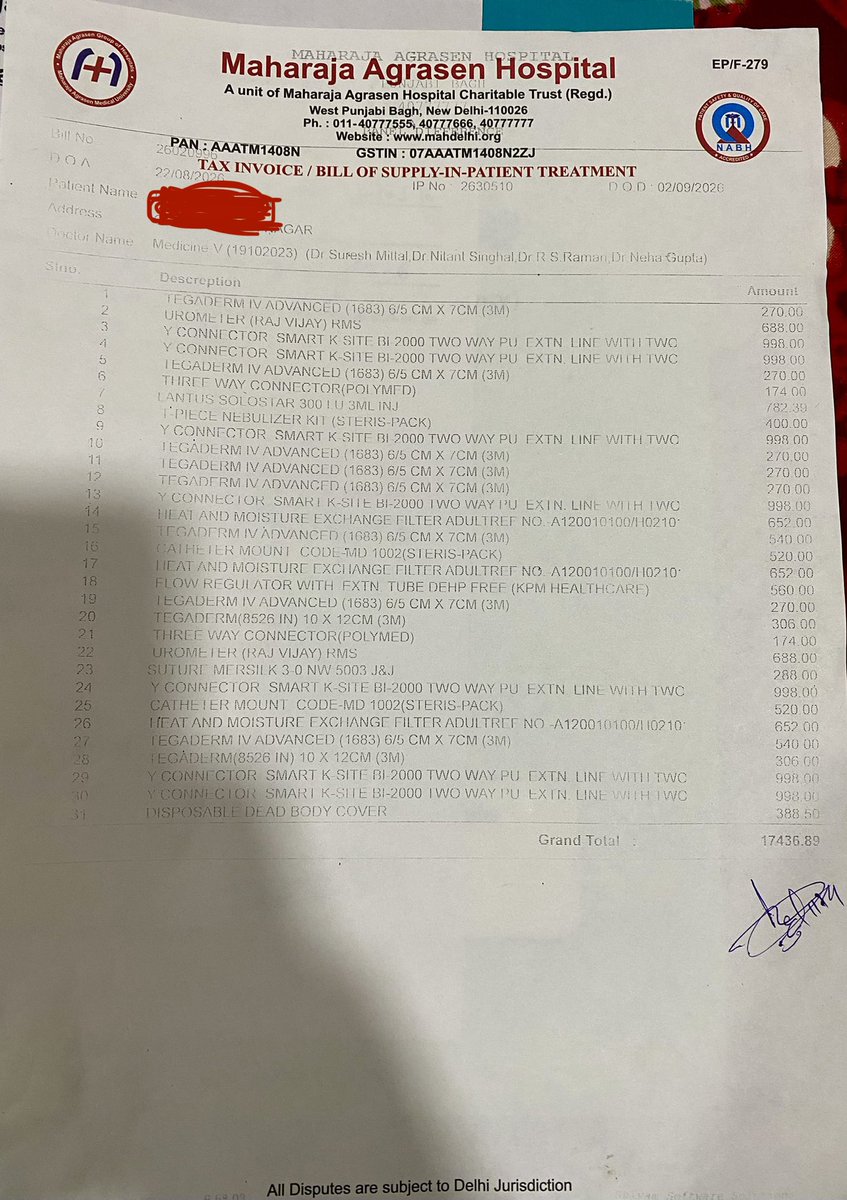 gags14345's tweet photo. @Tukaram_IndIAS This information gap isn’t theoretical—it exists in Delhi too. In my father’s hospital bill, KPM Smart K-Site BI-2000P was charged at ₹998/piece, while KPM’s listed price is ₹95 — over 10×. 7 pieces alone = ₹6,986.
Tegaderm: ₹306 charged vs 172 MRP
 @CMODelhi @drpankajbjp https://t.co/slbEinjLn3