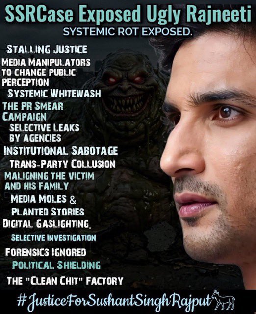 itsPPP4747's tweet photo. #JusticeForDishaSSR 
SSRCase An Eye Opener and how‼️

📍Conspiracy to destroy SSR’s career (work place harassment & other viscous ways)

📍Conspiracy to destroy SSR
(mental, physical, financial abuse)

📍Murdèr by conspiracy
(cowards way out by BW)

📍Conspiracy to coverup a heinous crime

📍Prime accused & criminals are whitewashed and glorified by the entire machinery which is hell bent to dent
#JusticeForSushantSinghRajput 

#ArrestRheaChakraborty

.@CBIHeadquarters .@PMOIndia .@HMOIndia @MLJ_GoI @IPS_Association @IASassociation