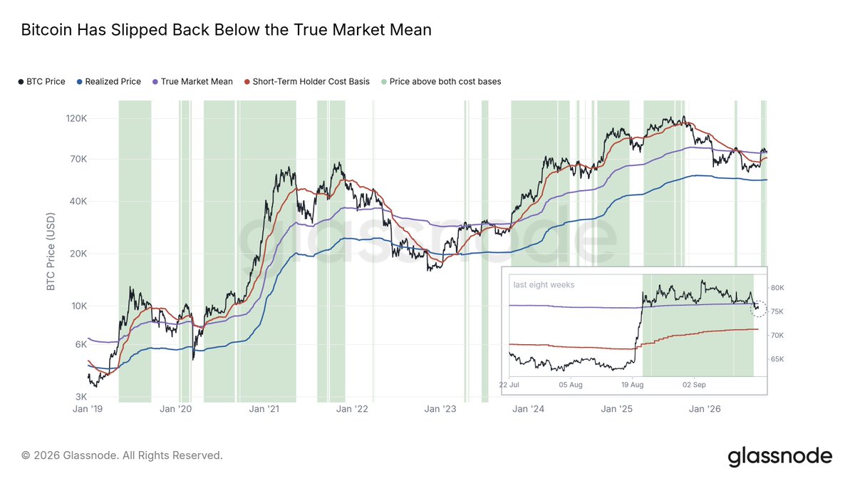 glassnode's tweet photo. $BTC has slipped below the bottom of the range.

That floor aligned with the True Market Mean and price needs to reclaim it for conditions to remain bullish. 

If it does not, the short-term holder cost basis near $70k becomes increasingly likely. 

Read more below 👇 https://t.co/Dx2yCl0Yt9