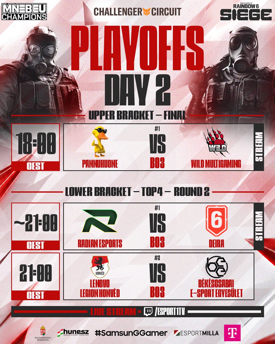 HungarianEsport's tweet photo. The battle continues on the 17th of September! ⚔️
Here's the programme. 👇
📺 Watch the action live on https://t.co/4geVThttmI
@PannuhuoneR6, @wildmultigaming,
@EsportsRadian, #Deira, @HonvedEsport, @esport_bee, @R6esportsEU
#SamsunGGamer https://t.co/UaOLB7ipnh