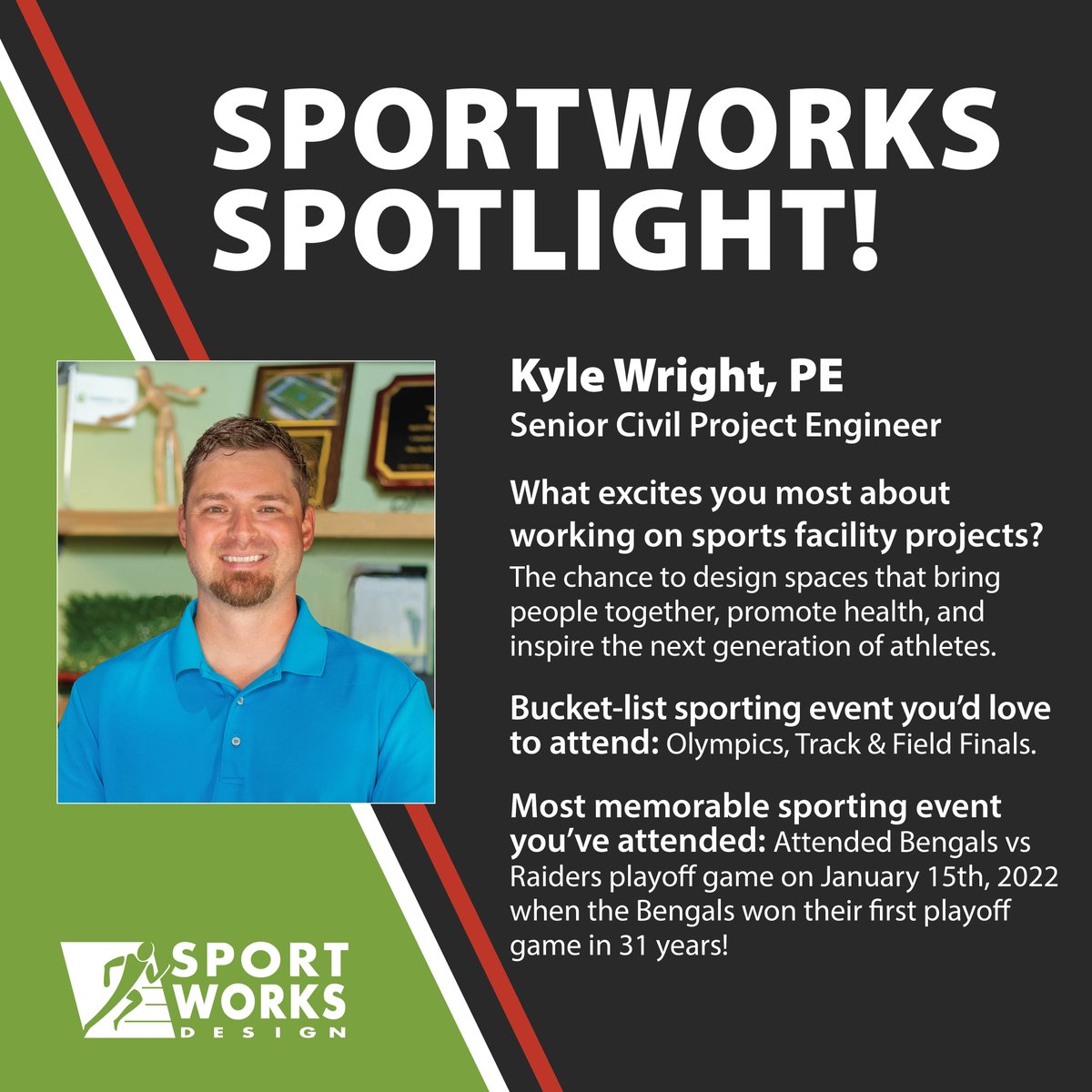 SptWorksDesign's tweet photo. Meet Kyle Wright, PE, Civil Project Engineer at Sportworks Design! With over 12 years of civil engineering experience, Kyle supports the planning and design of sports complexes, school athletic facilities, and community recreation projects.
#SportworksDesign #SportworksSpotlight https://t.co/o5fmHgrN8k