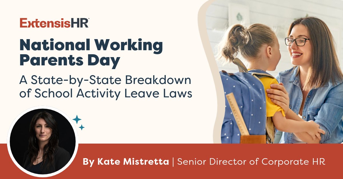 ExtensisHR's tweet photo. Making it to a school event can mean a lot, but finding the time during the workday isn't always easy.

In honor of #NationalWorkingParentsDay, see how some states give eligible employees time off for school-related activities: https://t.co/iu11mwyBba https://t.co/KSsI2AsIPX