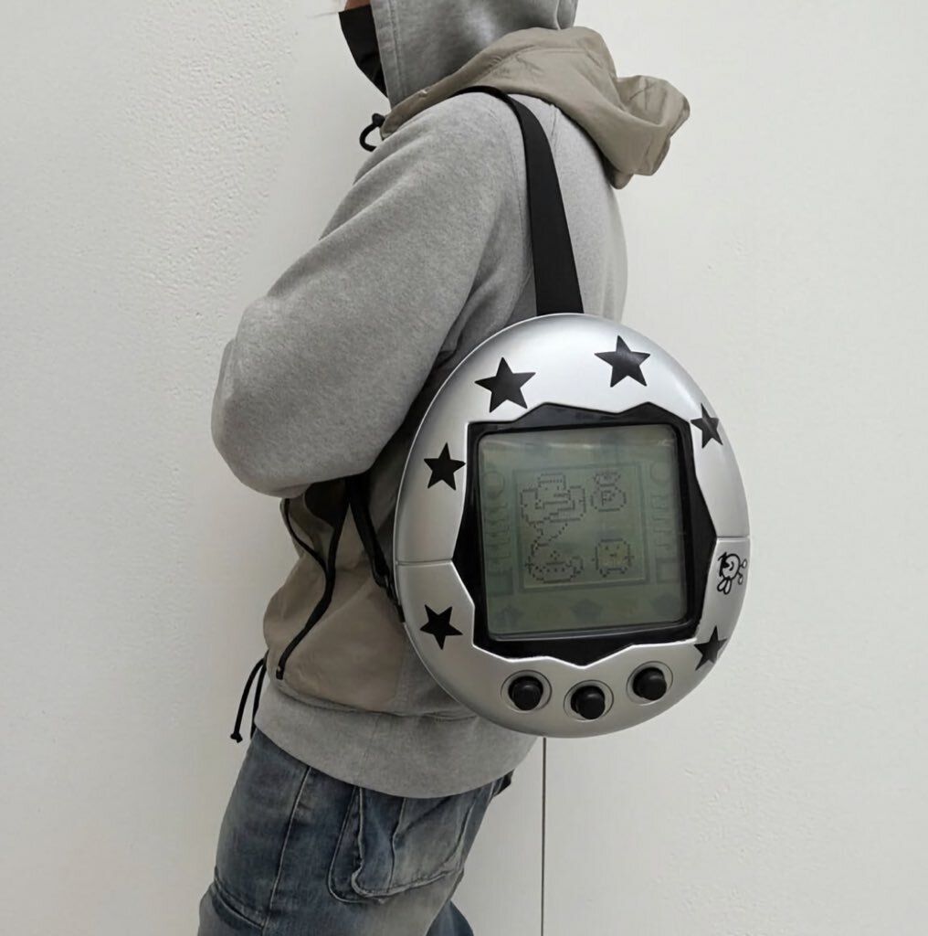 rogue's tweet photo. This Tamagotchi egg backpack has a retro pixel screen design that brings nineties virtual pet nostalgia straight to your outfit https://t.co/mra5LEGZyS
