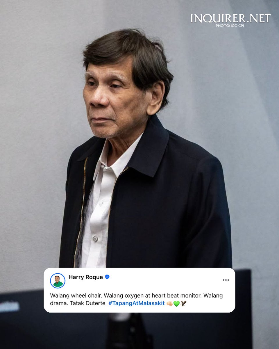 inquirerdotnet's tweet photo. 'WALANG DRAMA'

LOOK: Former presidential spokesperson Harry Roque reacted to former President Rodrigo Duterte’s appearance before the International Criminal Court (ICC) in The Hague, highlighting Duterte’s condition during the proceedings.

Roque served as Duterte’s spokesperson from 2017 to 2018 and again from 2020 to 2021. During his time in the administration, he also defended Duterte’s position on the ICC and its jurisdiction over the Philippines. Duterte also appointed him Presidential Adviser on Human Rights in 2017.

“Walang wheel chair. Walang oxygen at heart beat monitor. Walang drama,” Roque wrote in a social media post. | 📸: ICC-CPI; Harry Roque/Facebook
 
READ MORE: https://t.co/hRMVVvDi6h
