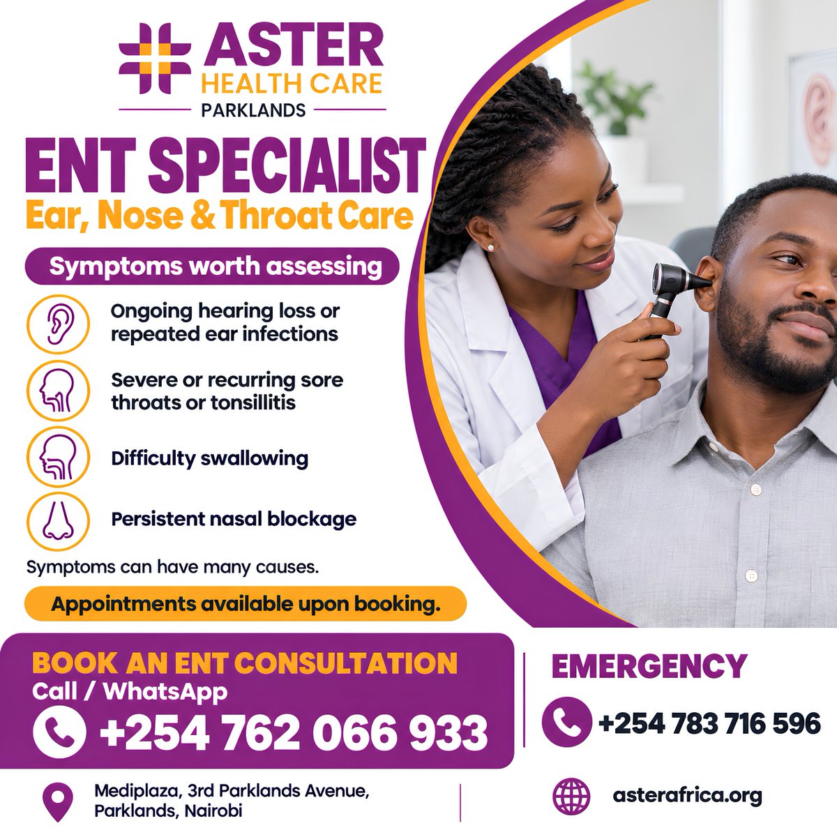 asterhealth_ke's tweet photo. Recurring ear infections, hearing changes or a persistent sore throat? Book an ENT consultation at Aster Healthcare Nairobi.
📞 Book: +254 762 066 933
🚨 Emergency: +254 783 716 596
📍 Mediplaza, Parklands, Nairobi
#ENTCare #Sharon #Natembeya https://t.co/RfI6HZ0KDR