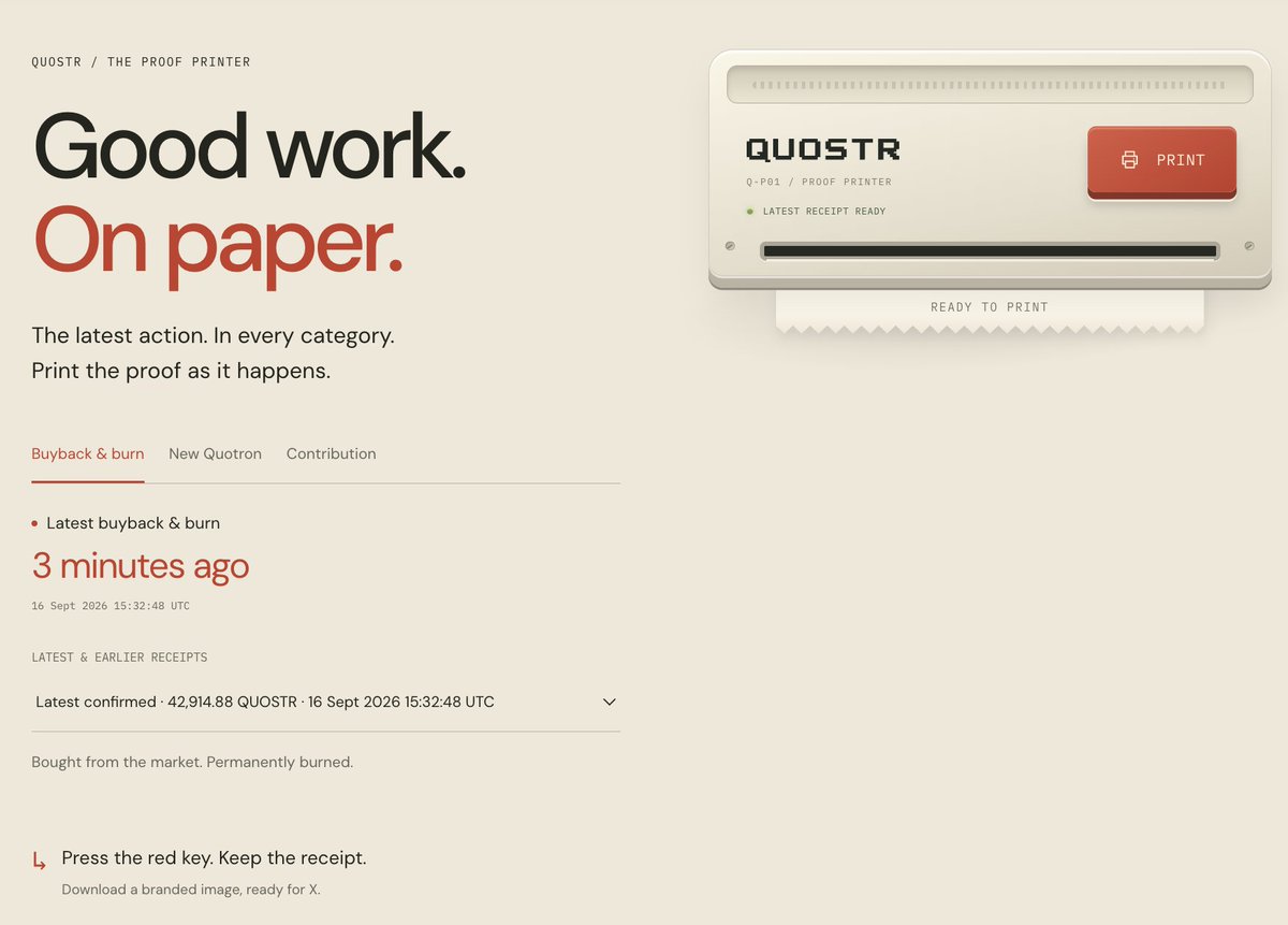 QuoStr_'s tweet photo. New feature live on the QUOSTR site!

Every automated action can now generate its own receipt: buybacks, burns, acquisitions, contributions, all of it.

Print it. Save it. Download the image. Post it on X.

Onchain automation, now with the receipts to prove it.
https://t.co/Y4bp2vDWTs