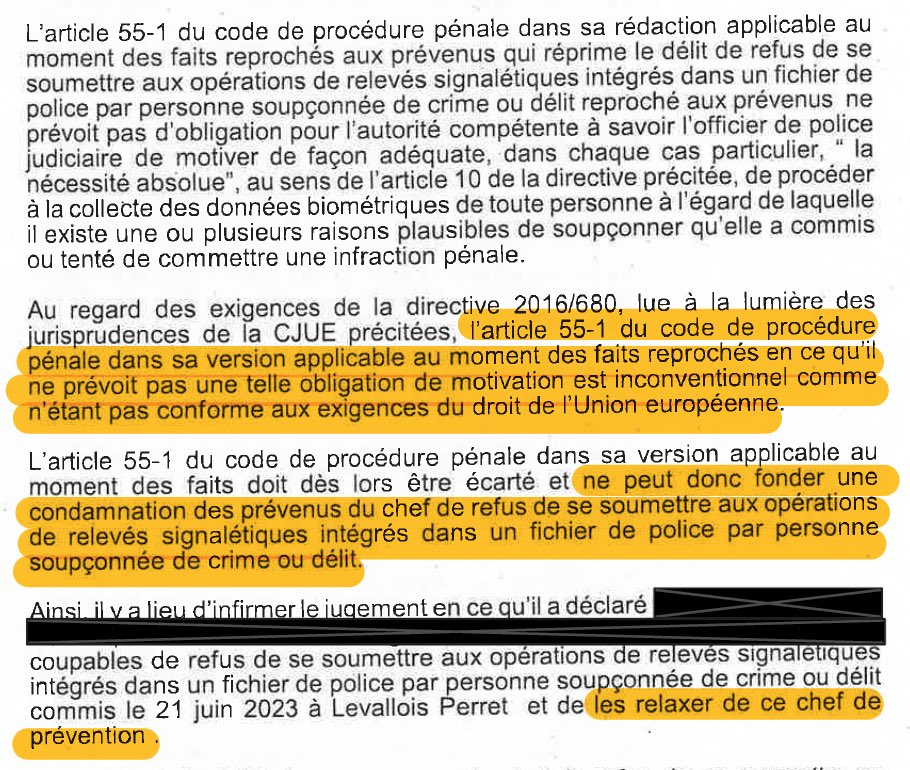 N_Hervieu's tweet photo. Fichiers de police &amp; données biométriques : Des condamnations pénales prononcées pour refus de se soumettre à des « relevés signalétiques » de police sont annulées.

Car le texte pénal est contraire aux exigences du droit de l'Union.

[CA Versailles, 8 sept. 2026, n° 24/02645] https://t.co/yitLMXXDTi