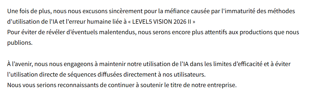 inazo__'s tweet photo. LEVEL5 qui s'excuse et s'engage à limiter son utilisation de l'IA uniquement à des fins d’optimisation et éviter de l'utiliser pour les vidéos promotionnelles.

C'est déjà un gros pas en avant de s'avoir entendre la colère des fans, s'excuser et prendre des mesures https://t.co/6PwEirTd06