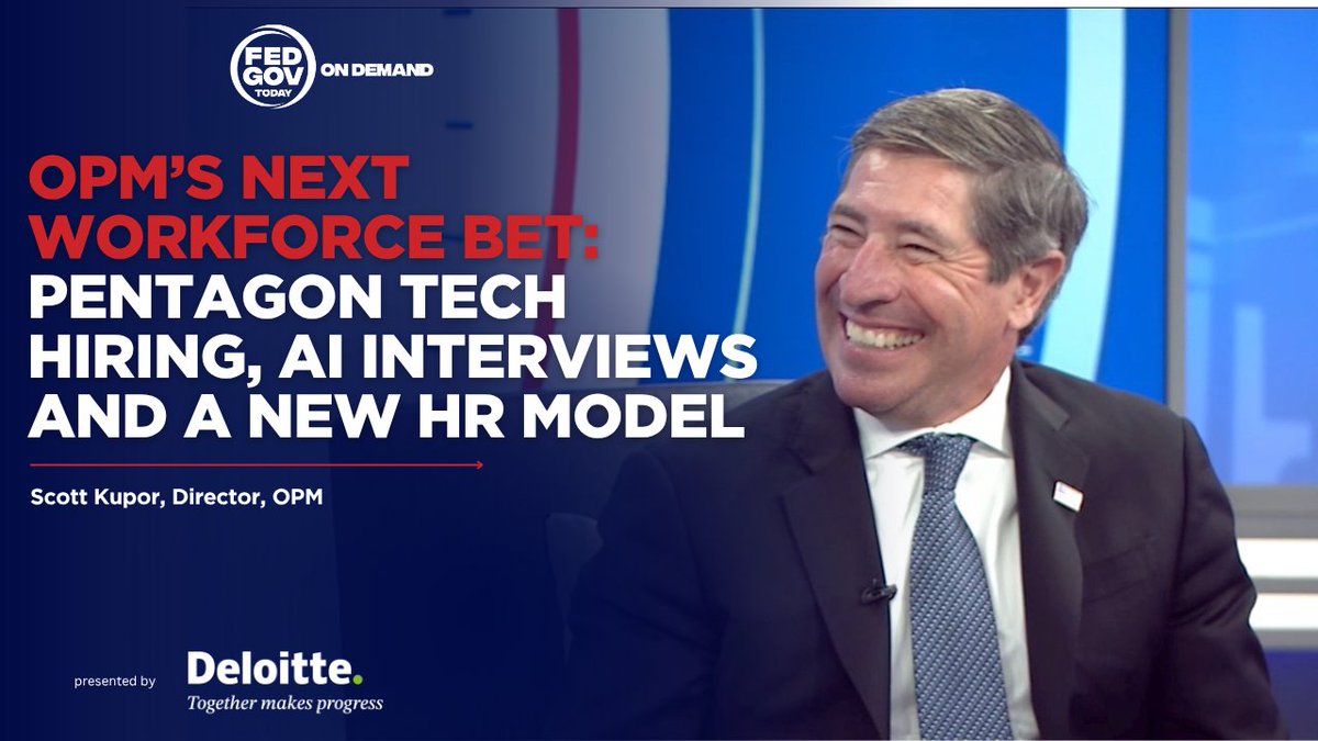 FedGovToday's tweet photo. NOW ON DEMAND: @USOPM Director @skupor joins Fed Gov Today to discuss centralized recruiting, the Pentagon’s new hiring initiative, AI-supported interviews, Schedule Policy/Career and the agency’s broader HR 2.0 modernization effort.

Watch here: https://t.co/6xseAnvM37 https://t.co/Tg9asYXG5j